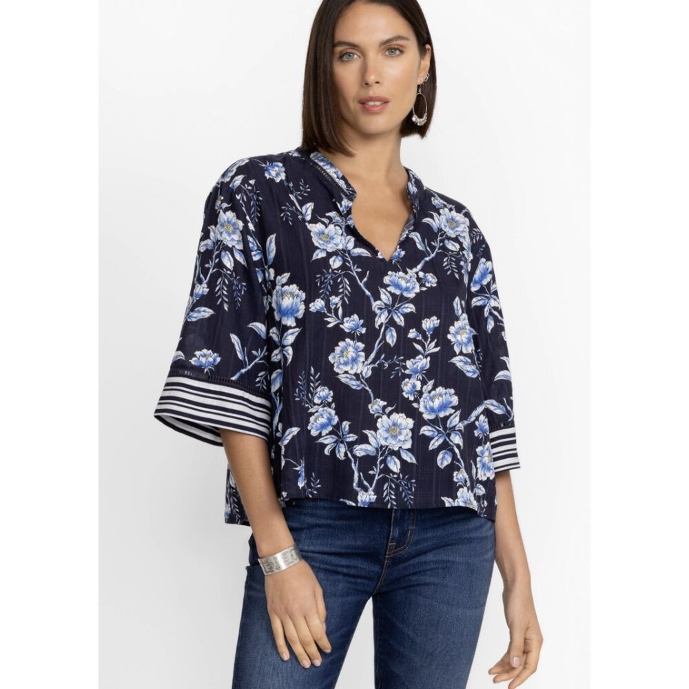 Johnny Was Blouse Womens XL Blue Floral V Neck 3/4 Kimono Sleeve Tunic Top